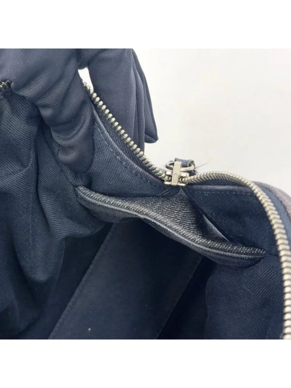 Chanel Deauville Line Bowling 2-Way Leather Denim Navy Blue Handbag Silver